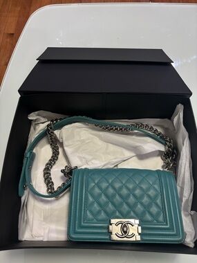 CHANEL Teal Quilted Leather Boy Bag with Silver-Tone Chain